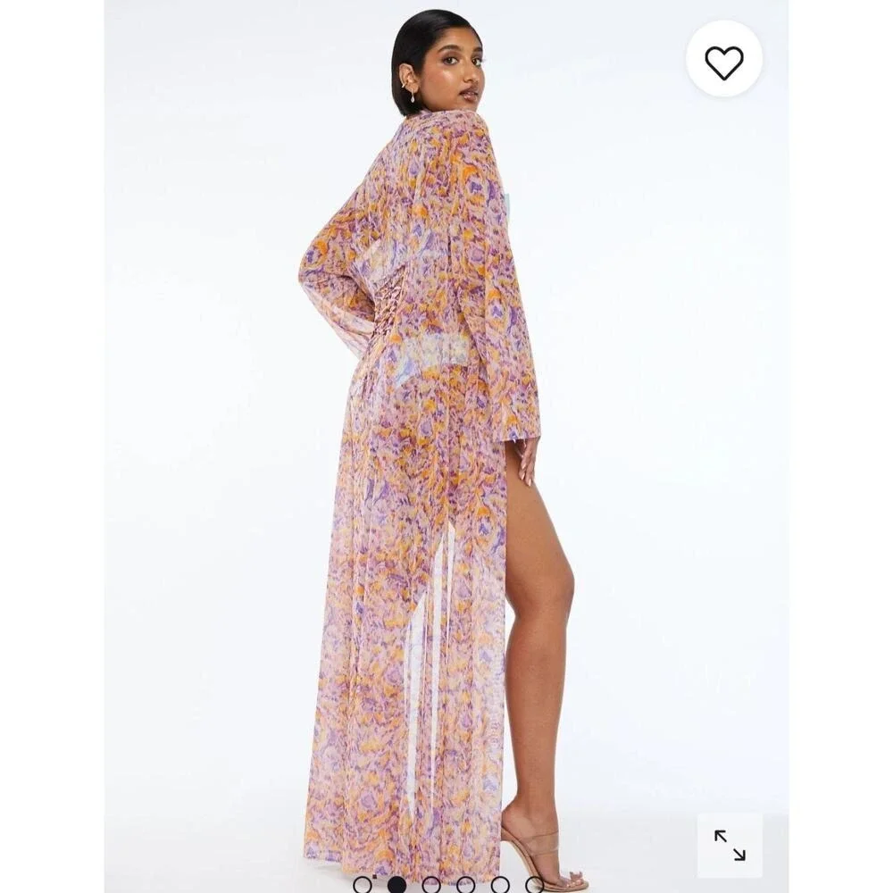 Long Kimono Duster Cover Up Purple Orange Abstract Print Lace Up Back‎